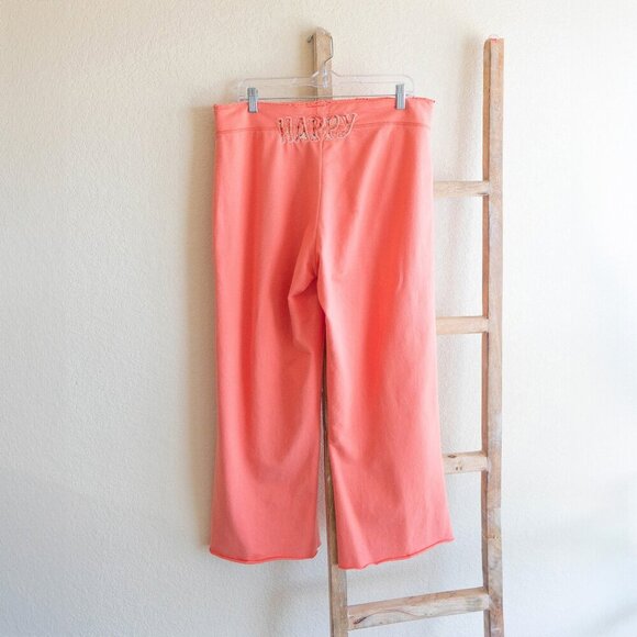 Soma WKND Pants SzXL Coral 100% Cotton Happy Floral Quote Wide Leg Cropped Boho - Picture 5 of 6